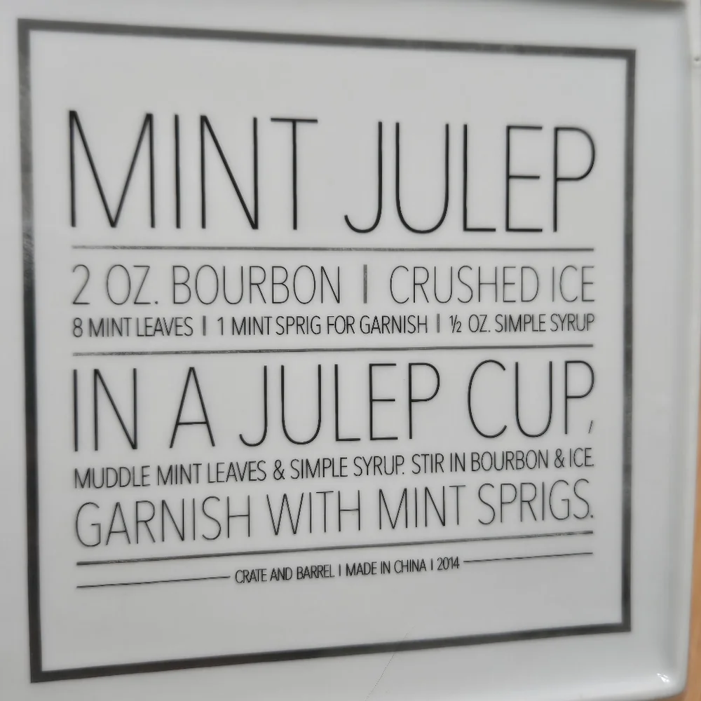 Crate & Barrel Mint Julep Plate Trinket Dish Appetizer, recipe on back